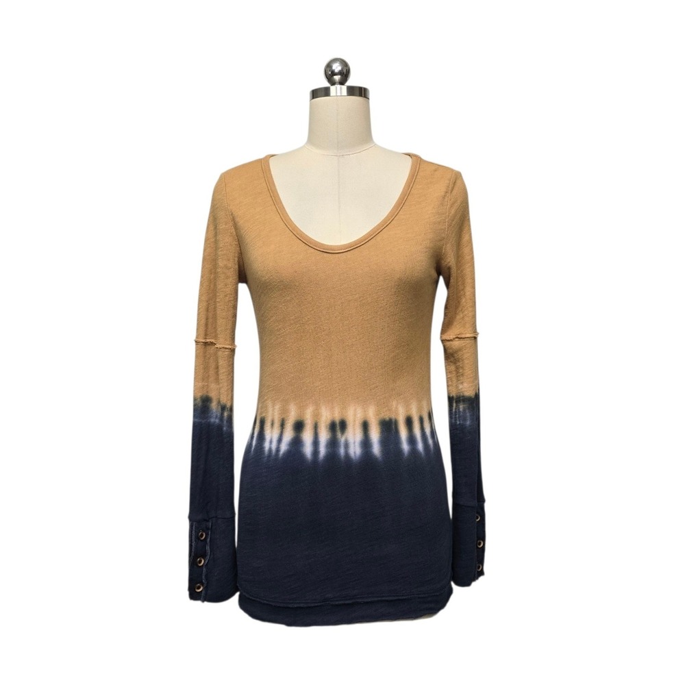 Amerikanable Womens Mustard Navy Tie Dye Scoop Neck Thermal Top Small ABLETIEDYE